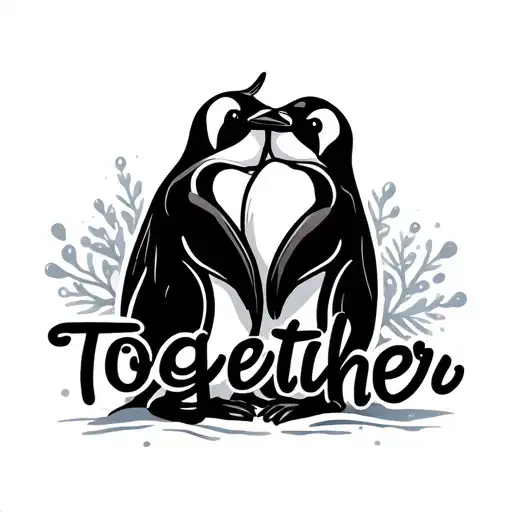 "Together" two penguins hugging with the words together symbolizing tattoo design idea
