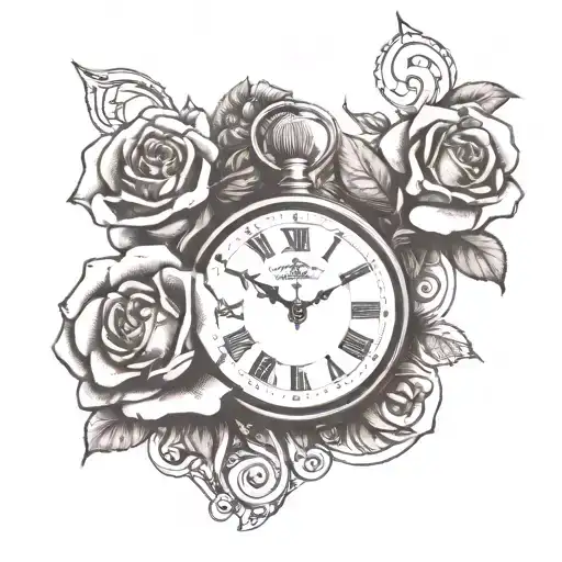 vintage pocket watch or hour glass , two larger roses, six smaller roses tattoo design idea