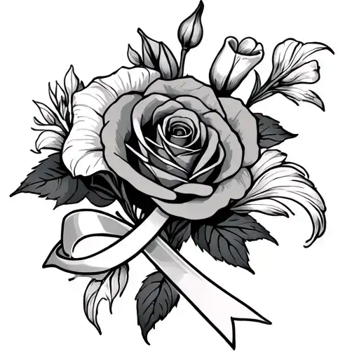 Roses and calla lilies with cancer ribbon intertwined tattoo design idea