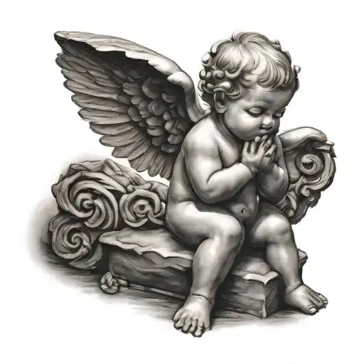 baby angel watching statue tattoo design idea