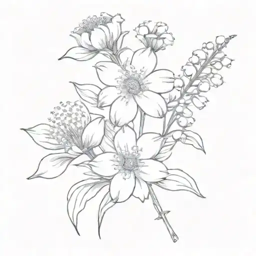 Cosmos, aster, and lily of the valley bouquet tied tattoo design idea