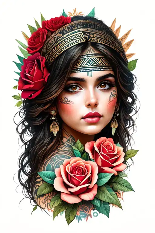 beautiful  girl with roses and aztec symbols tattoo design idea