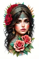 beautiful  girl with roses and aztec symbols tattoo design idea