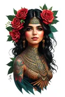 beautiful  girl with roses and aztec symbols tattoo design idea