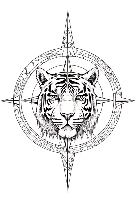 Tiger with vegvisir viking compass and in the background yggdrasil  tattoo design idea