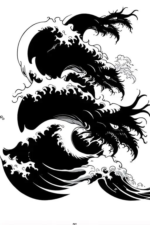Ocean wave sea monsters tattoo design idea