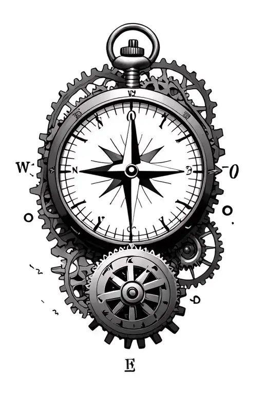north direction symbol, compass, pocketwatch, gears meshing tattoo design idea