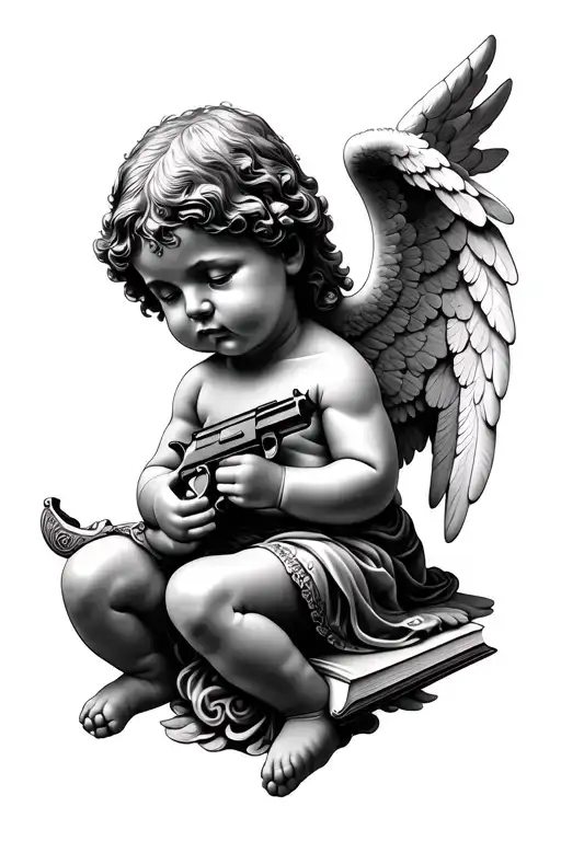 statue baby angel, guns, bible quote tattoo design idea
