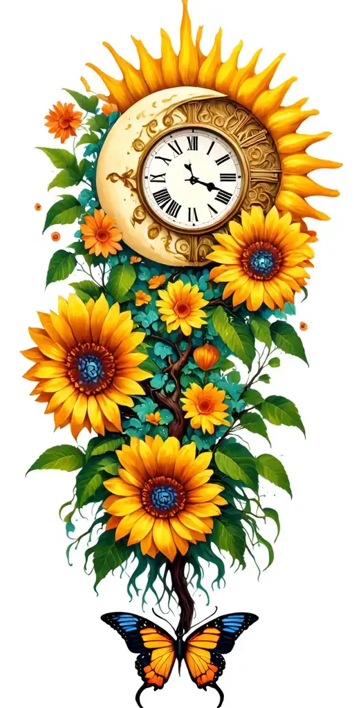 tree life with phenox roots clock sun moon butterfly flowers tattoo design idea