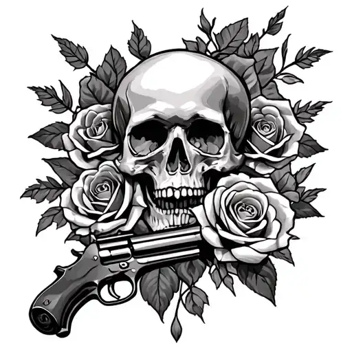 Skull and roses, guns, Memento Mori tattoo design idea