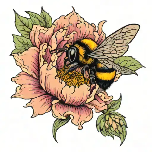 peony and bumble bee flying tattoo design idea