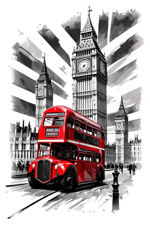 Big Ben tower, red double decker bus, red telephone box, Union Jack tattoo design idea