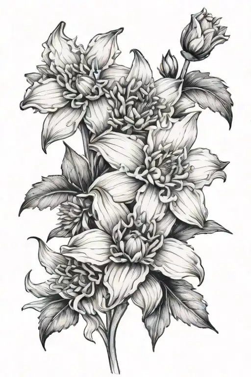 daffodil, chrysanthemum, lavender, and Aster flower tattoo design idea