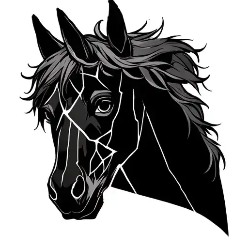 Symbolic line-art tattoo of a broken silhouette of BoJack Horseman, focusing on depression and emotional fragmentation.  tattoo design idea