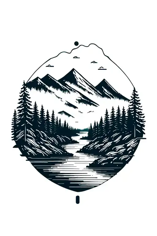 microchip circuit infused with forest with river flowing and  mountain in background  tattoo design idea