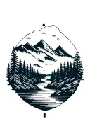 microchip circuit infused with forest with river flowing and  mountain in background  tattoo design idea