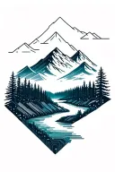 microchip circuit infused with forest with river flowing and  mountain in background  tattoo design idea