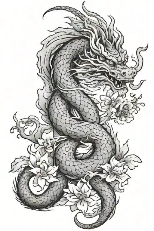 Chinese dragon with loto flower shoulder tattoo tattoo design idea