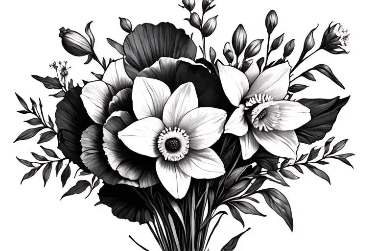 daffodil, gladilous, poppy bouquet wrapped loosely tattoo design idea
