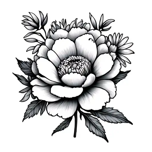 fine line peony and aster flowers tattoo design idea