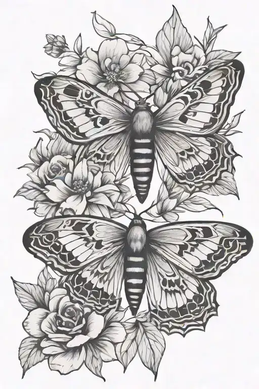 moth and floral design tattoo design idea