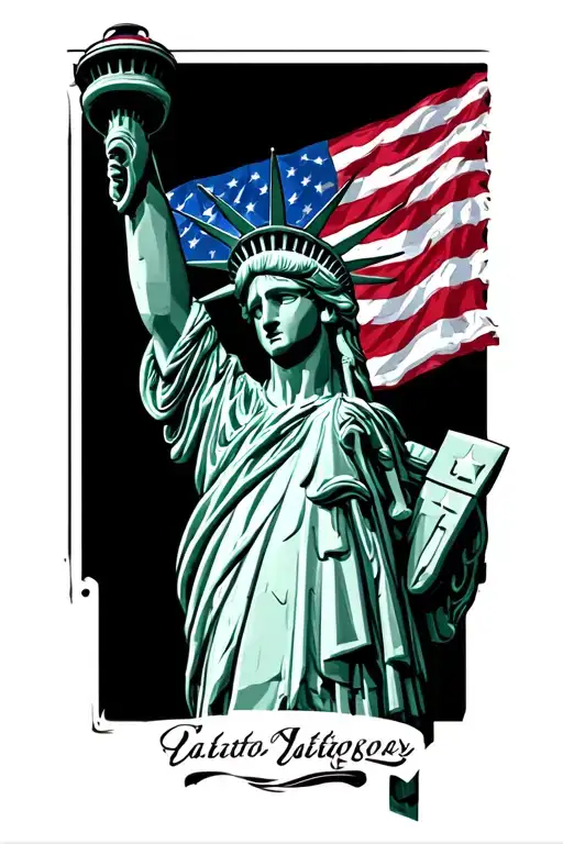 statue of liberty with american flag tattoo design idea