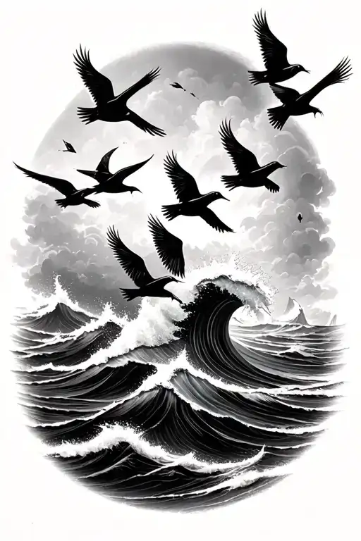 stormy seas surrounded by birds tattoo design idea