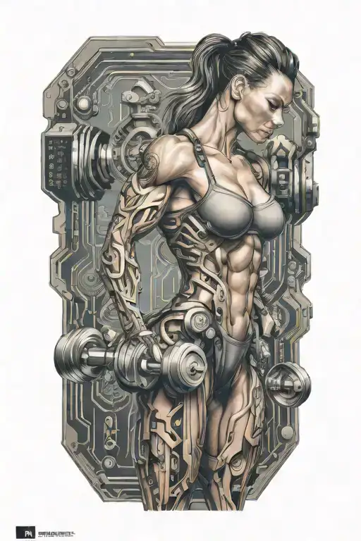 aesthetic bodybuilder muscular women lifting weight with technology circuits vectors board merging tattoo design idea