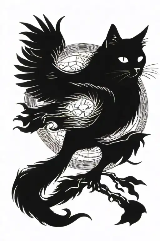 cat crow flying towards bright shining full moon tattoo design idea