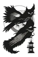 cat crow flying towards bright shining full moon tattoo design idea