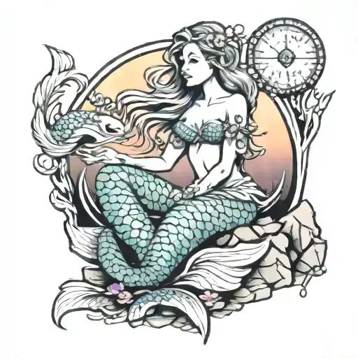 mermaid holding crystal heart sitting on rock with sunrise behind tattoo design idea