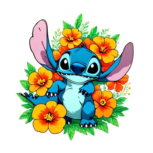 Stitch with dinosaur and nasturtium flowers symbolizing tattoo design idea
