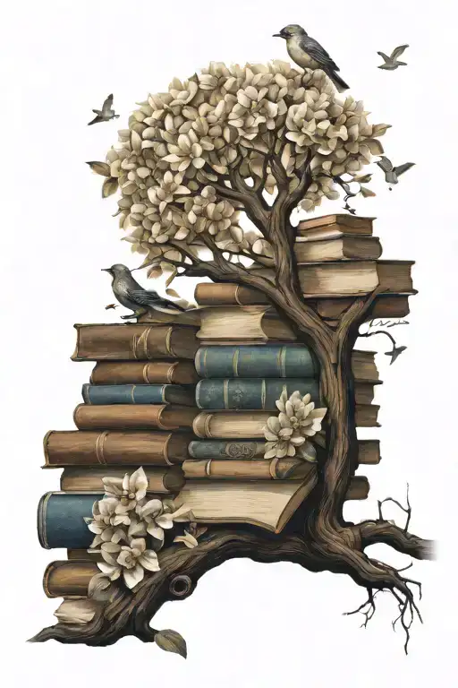 books tree flowers birds tattoo design idea
