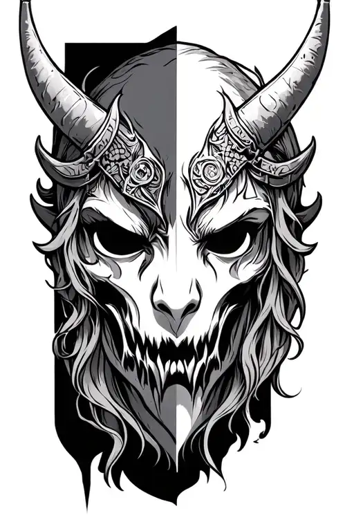 Kid OF Darkness mask merged with a Hel from Norse mythology tattoo design idea