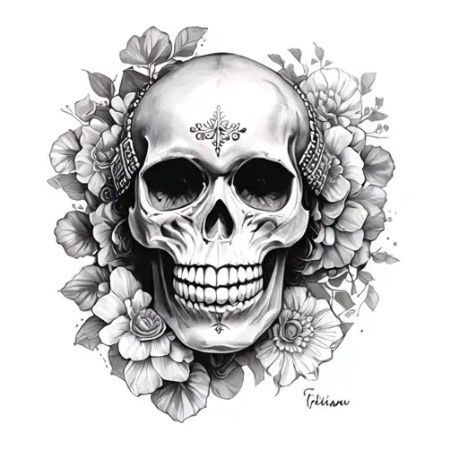 Black and gray drawing of Doña Florinda Mexican skull tattoo design idea