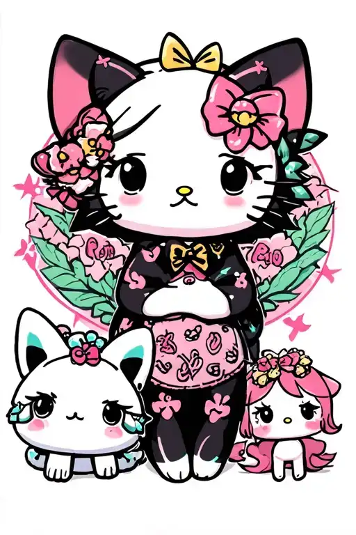 San Rio tattoo with Kitty, Kuromi, Cinnamoroll and Melody tattoo design idea