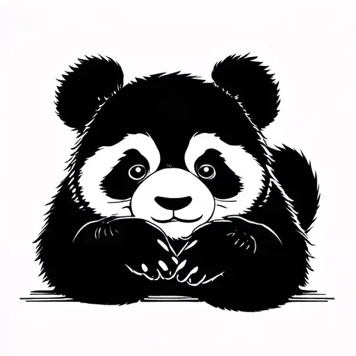 minimalist black line art tattoo of a cute panda, resting chin on its hands with paws leaning on a thin horizontal line, tattoo design idea