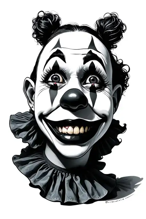smile now cry later clown face doll tattoo design idea