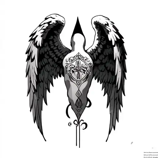 gaurdian angel  wings spread wide across shoulder blades upper back biblical style male name isla hidden in design front tattoo design idea