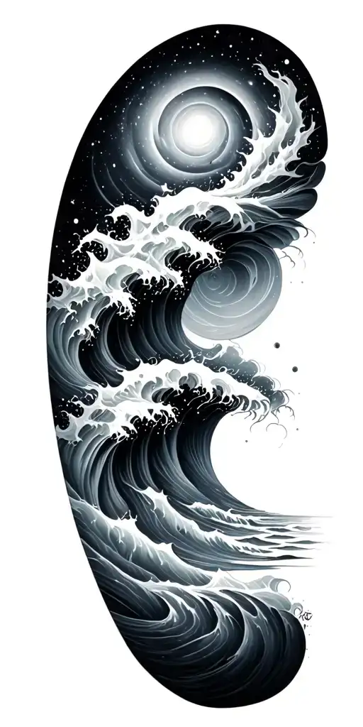 Black and grey sleeve: spiral galaxy above ocean waves, smooth transition, elegant and dark realism. tattoo design idea