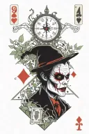 black widow spider, joker card, the number 24, the poison tree, an eye, the name "Kidd kwan" in red, dice, a time piece tattoo design idea