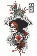 black widow spider, joker card, the number 24, the poison tree, an eye, the name "Kidd kwan" in red, dice, a time piece tattoo design idea