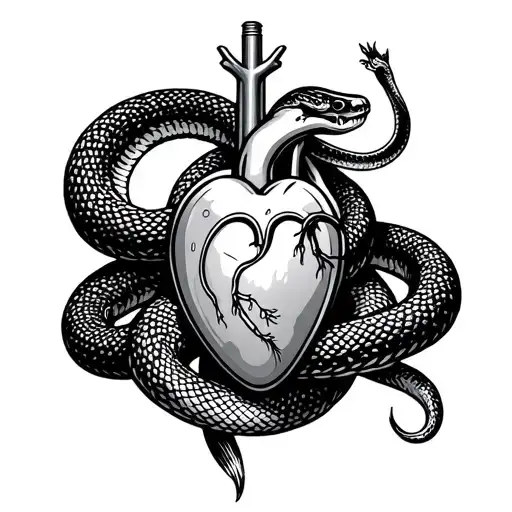 Cardiac Pacemaker with a snake wrapped around it in a tattoo style black and white tattoo design idea