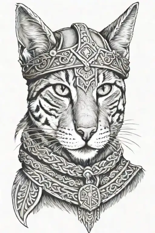 grey domestic short hair cat with angular face wearing Viking hat with other Viking related designs arount it tattoo design idea