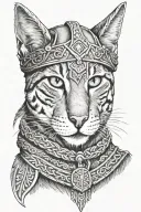 grey domestic short hair cat with angular face wearing Viking hat with other Viking related designs arount it tattoo design idea