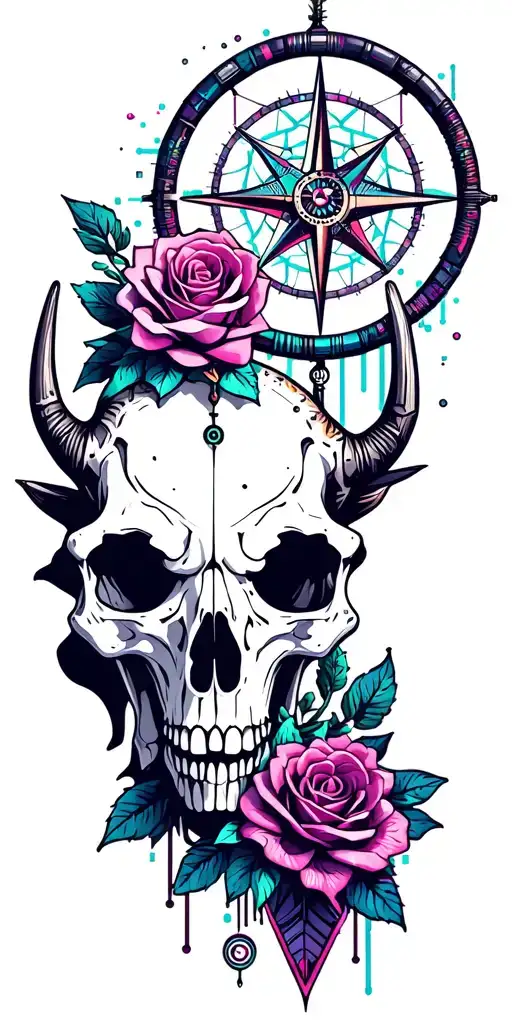 Metal, Southwest, Cactus, Dead Roses, Compass, Dreamcatcher, Cybernetic Snake, Longhorn skull tattoo design idea