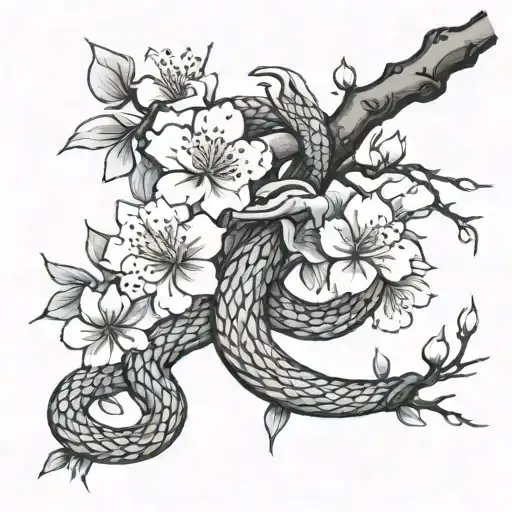 i want branch cherry blossom, a big flower and a snake tattoo design idea
