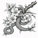 i want branch cherry blossom, a big flower and a snake tattoo design idea