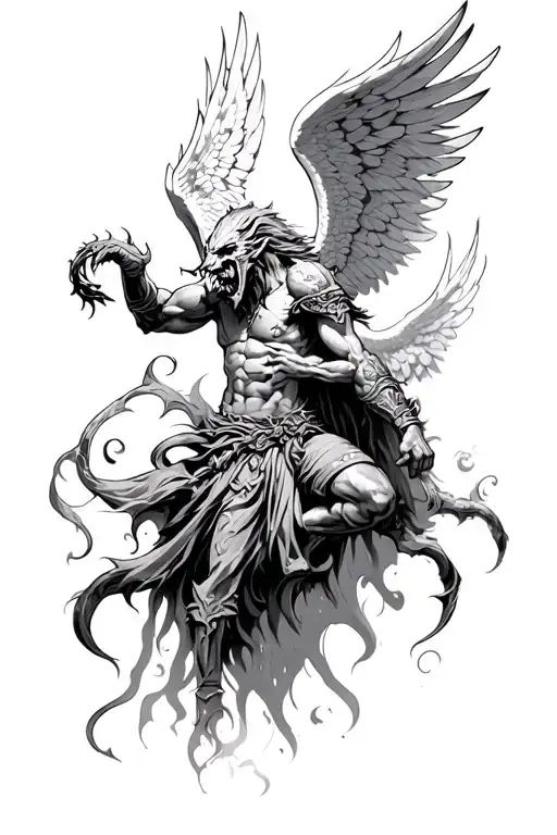 angel warrior killing demon tattoo design idea