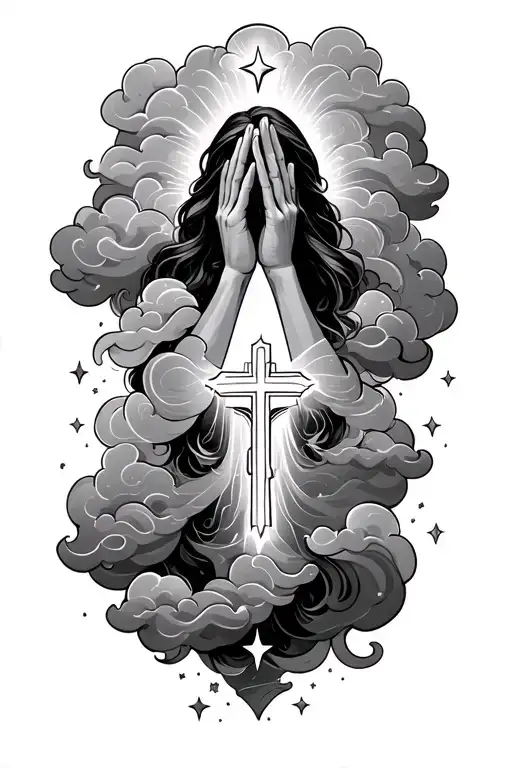 tattoo with vertical cloud waves horizontal down forearm, stars incorporated in clouds and praying hands and cross neckl tattoo design idea